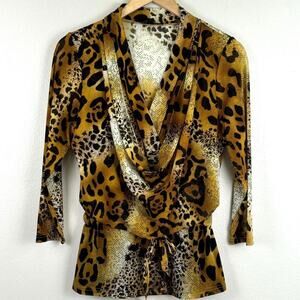 Juliette Drape Front Peplum 3/4 Sleeve‎ Blouse Animal Mixed Print Medium Whimsy